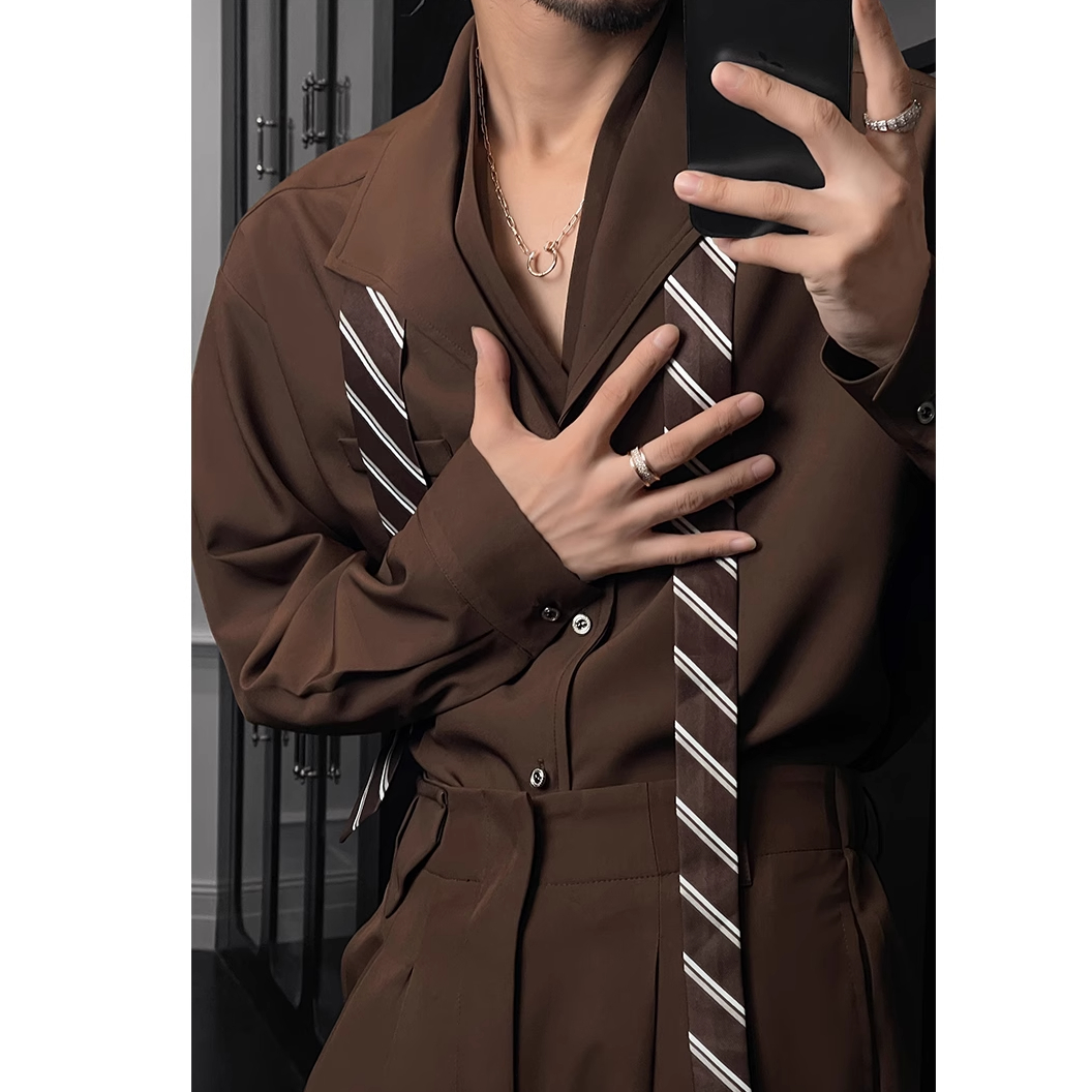 主播同款秋季新品原创双领设计感衬衫套装男复古高级休闲衬衣西裤