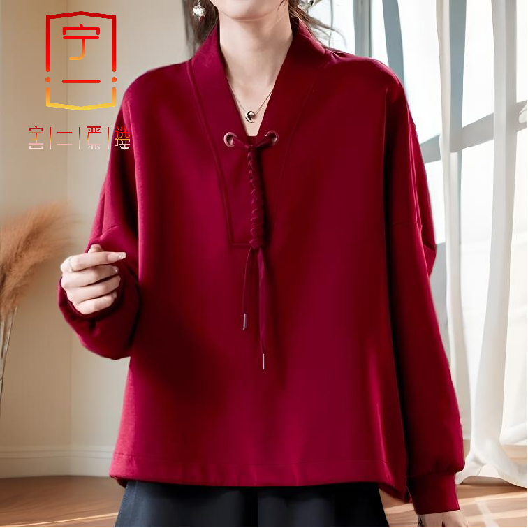 【宁一女装】欧货V领宽松慵懒卫衣新款蝙蝠袖秋冬休闲短款长袖上衣