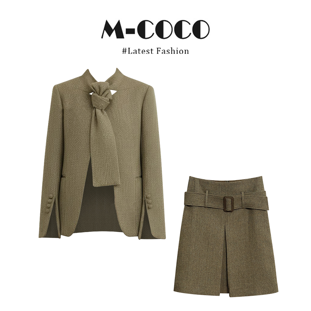 INS CEC韩系御姐温柔风小众设计感外套咖绿半身裙时尚两件套