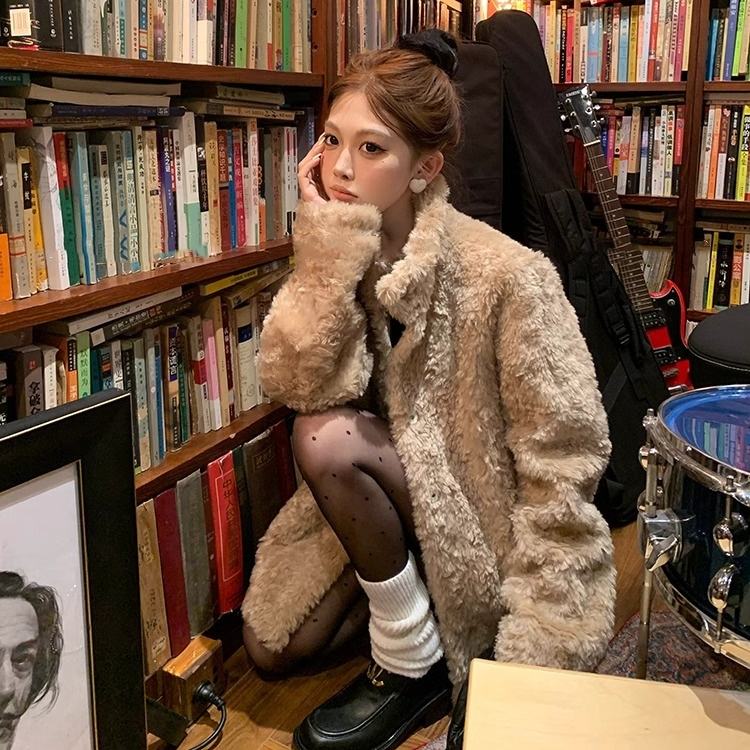 人造皮草 毛绒少女环保皮草风宽松女加厚上衣千金风保暖短外套