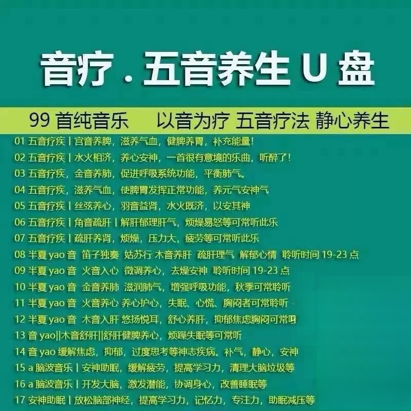 五音养生曲车载u盘高音质mp3纯音乐养生静心轻音乐舒缓心情