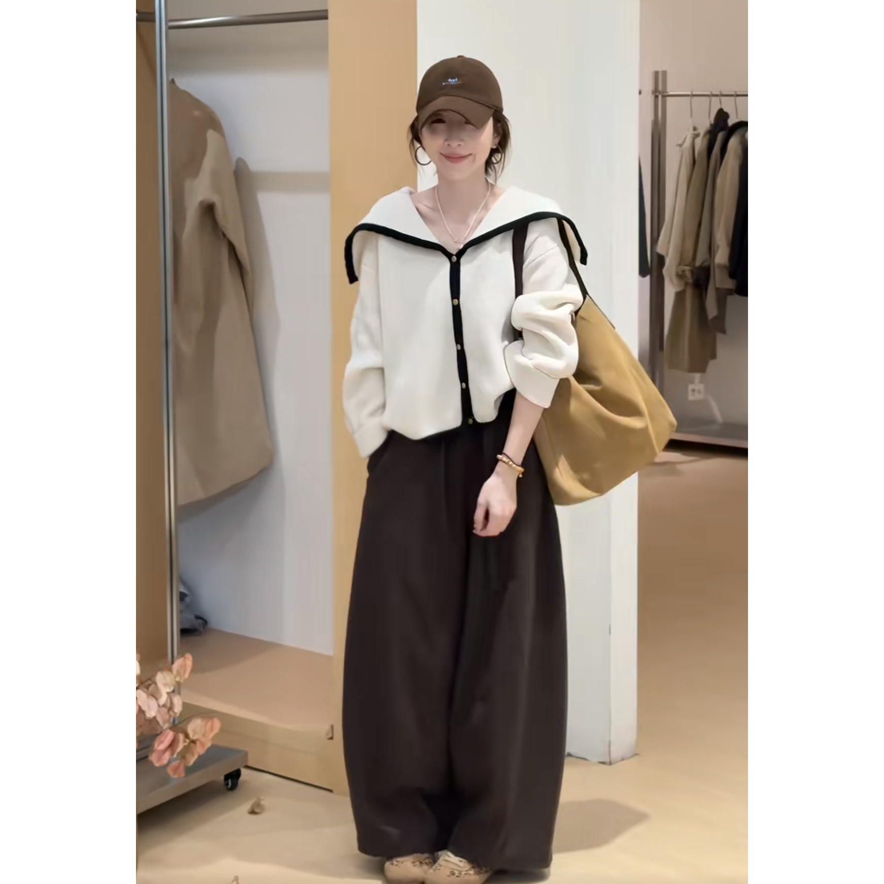 秋季时尚一整套女装2025新款海军翻领针织开衫休闲阔腿裤两件套潮