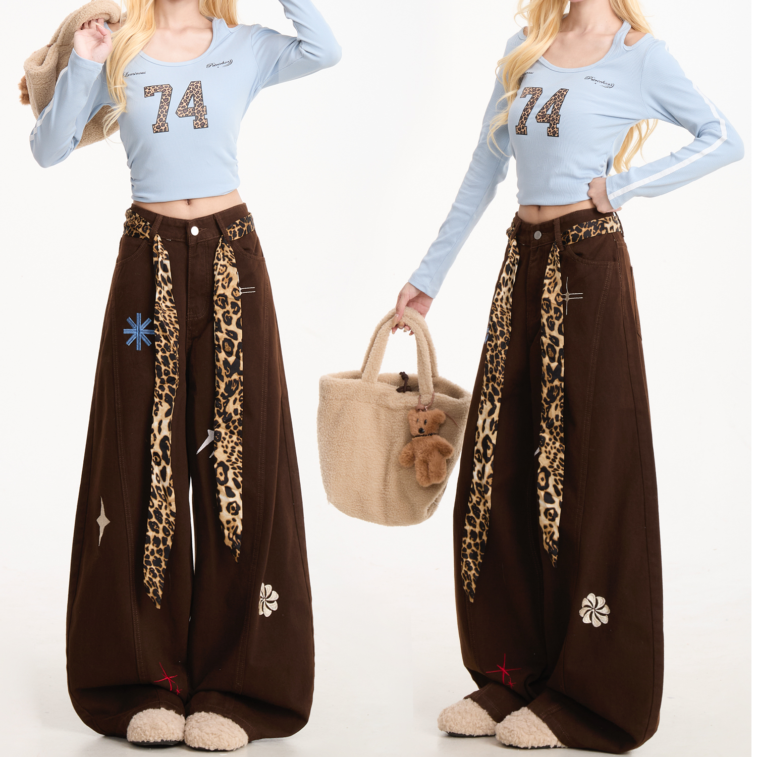 美式豹纹腰带刺绣牛仔裤女高街宽松阔腿裤垂感显瘦弯刀裤