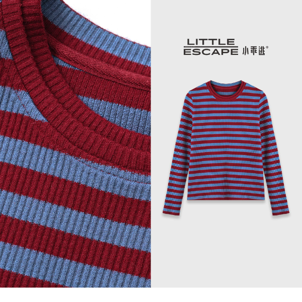 小乖逃休闲时尚红色卫衣条纹拼蓝色长袖百搭款TS8218