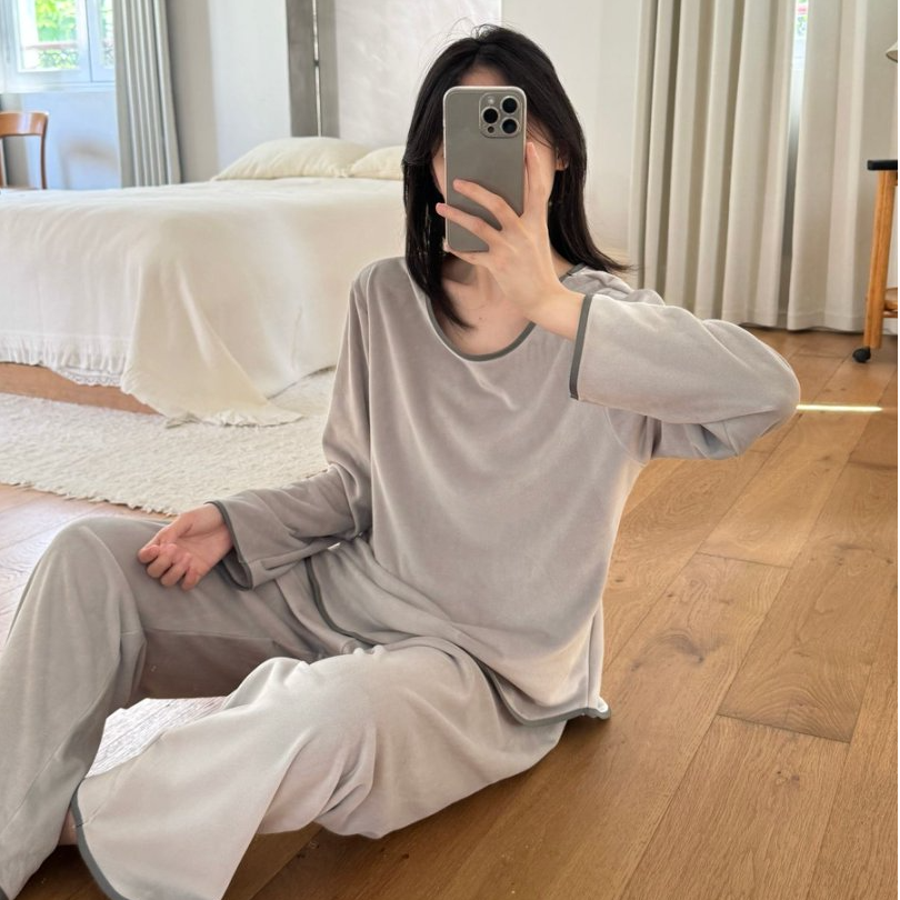 高级感海岛绒睡衣女款秋冬季简约韩系加绒保暖家居服套装可外穿