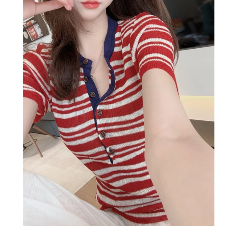 短袖T恤女2026夏季新款洋气时尚条纹上衣凉感显瘦短袖针织衫H8-44