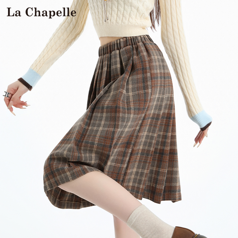 拉夏贝尔学院风格子毛呢半身裙女秋冬松紧高腰复古a字中长百褶裙