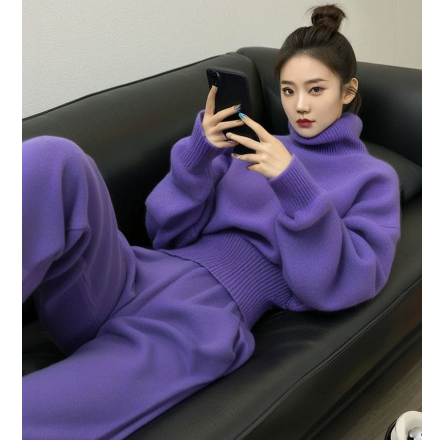 休闲套装女2025新款冬季韩系时尚慵懒风宽松高领卫衣阔腿裤两件套