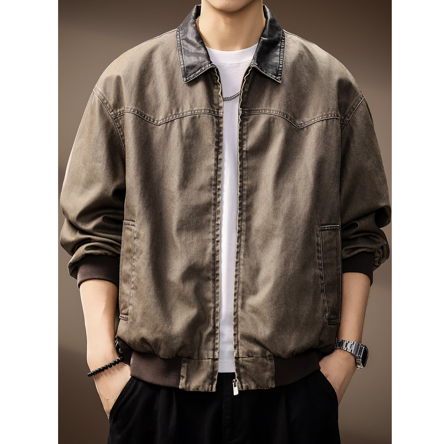 富比莫维帆布工装夹克男士秋季新款纯棉复古宽松休闲翻领外套男