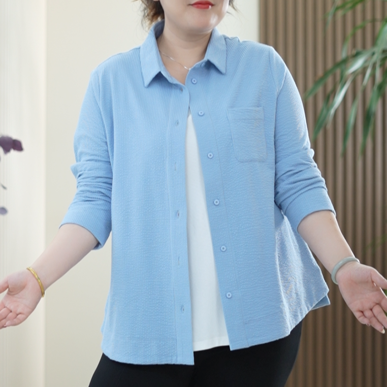 泡泡皱超高弹力棉衬衫版外套女大码显瘦休闲百搭华夫格秋季开衫