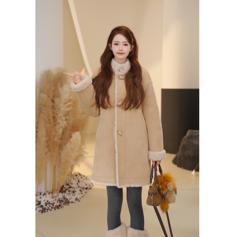 Basic House/百家好双面可穿毛毛外套女2025年冬季新款韩系立领C