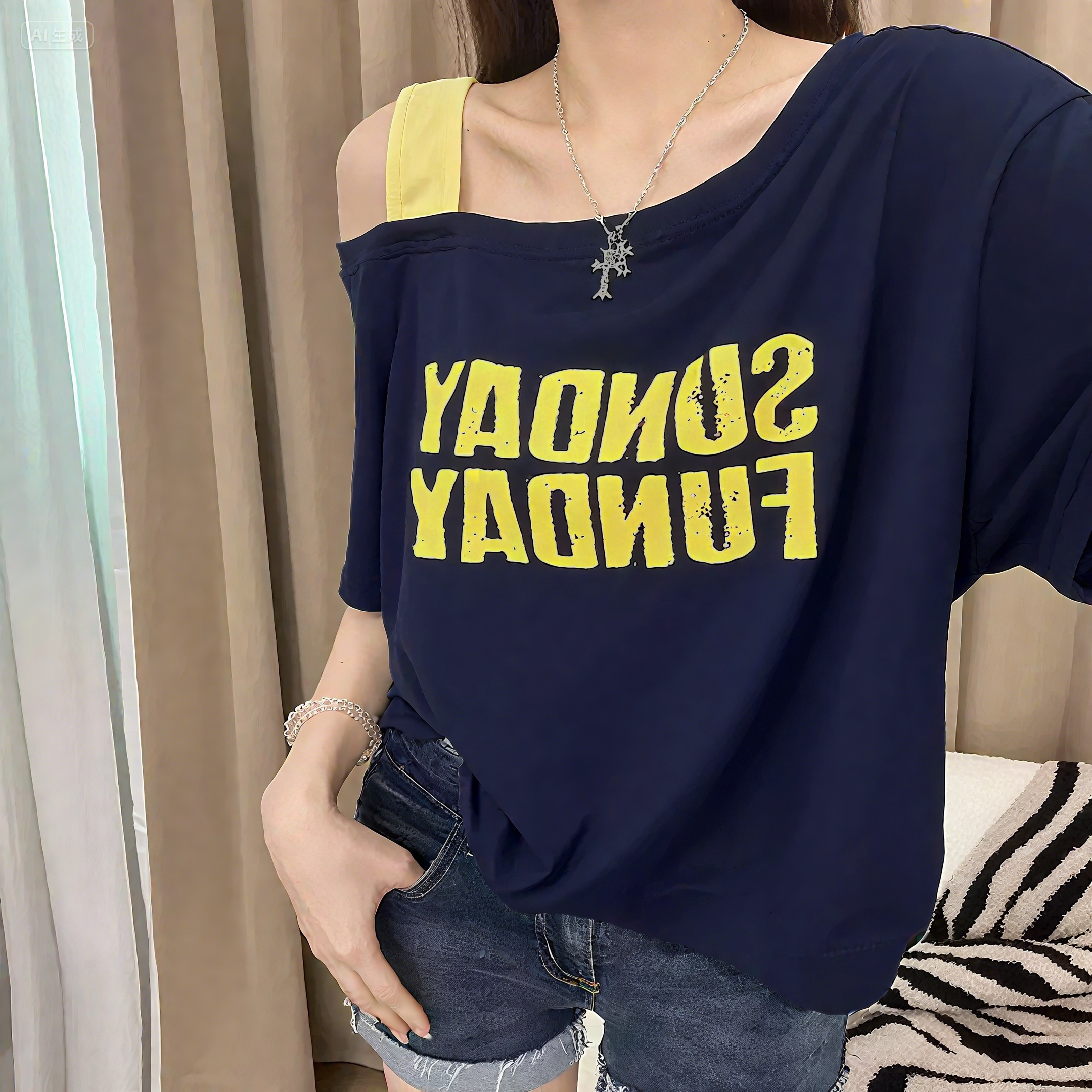 夏季微胖MM大码慵懒斜肩领短袖撞色T恤女宽松休闲百搭韩版显瘦