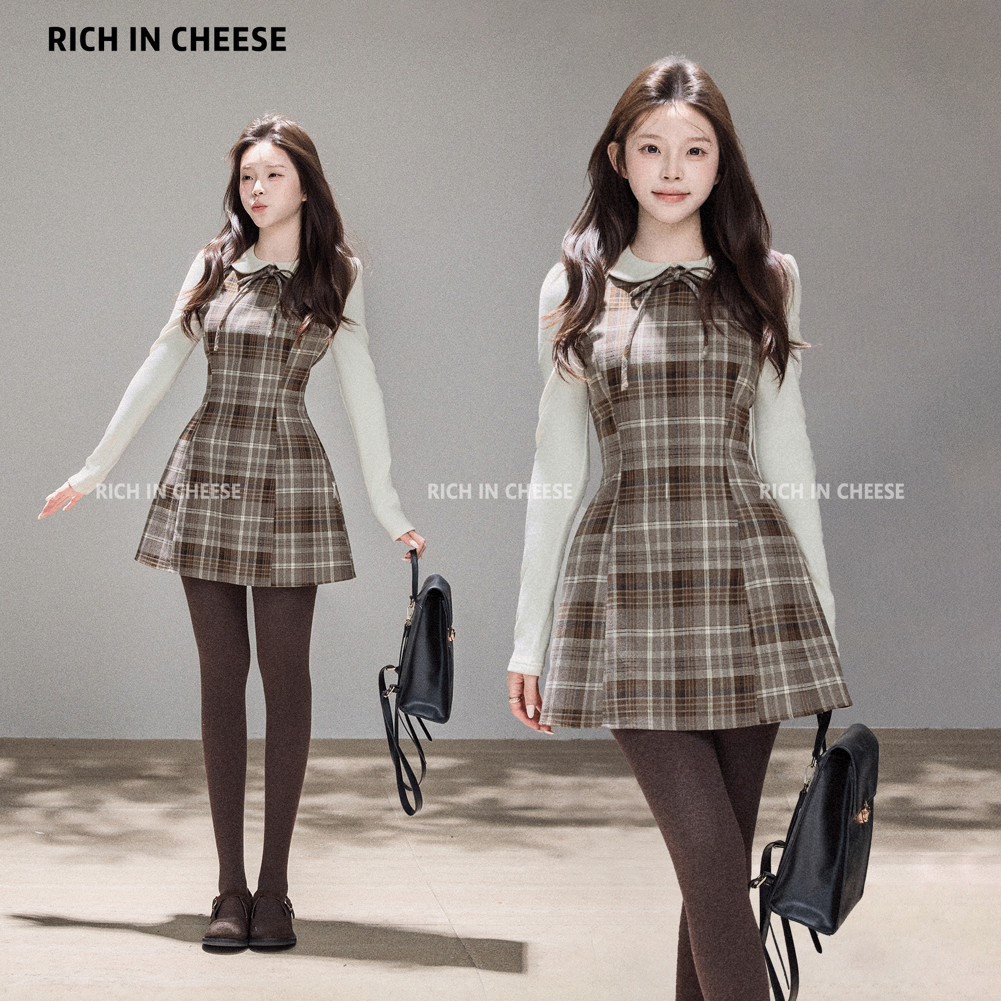 金川川 贝拉少女【少量现货】 秋冬格纹学院蝴蝶结拼接收腰连衣裙