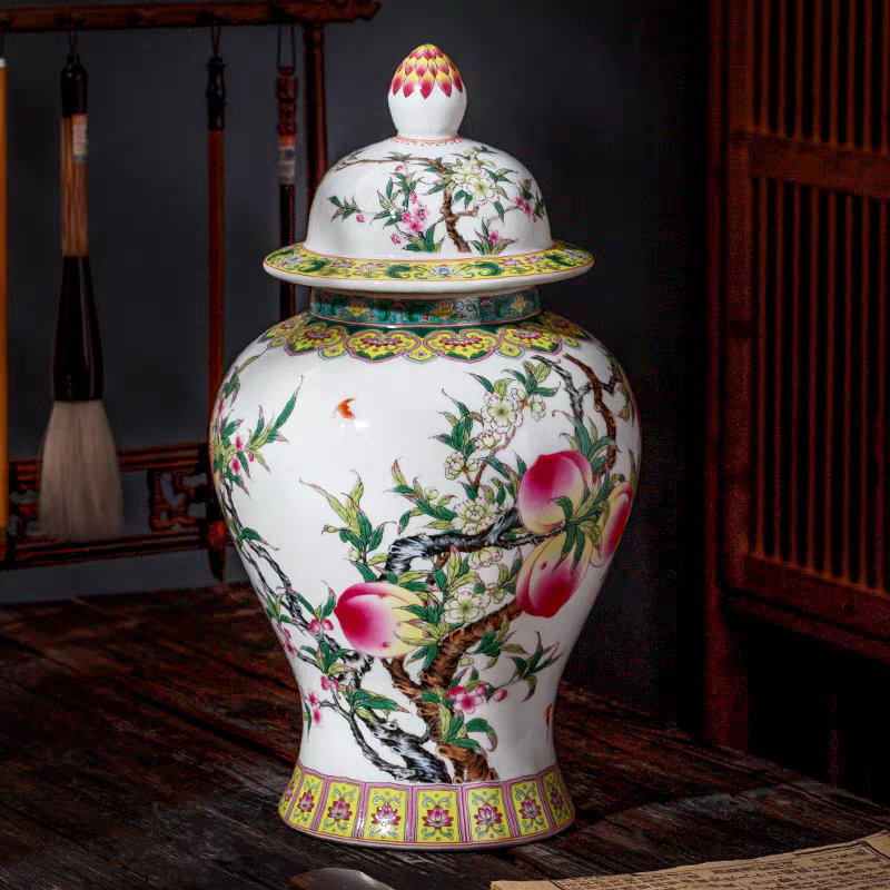 （高36cm）景德镇陶瓷器重工粉彩九桃五福寿桃将军罐书房茶室装饰品