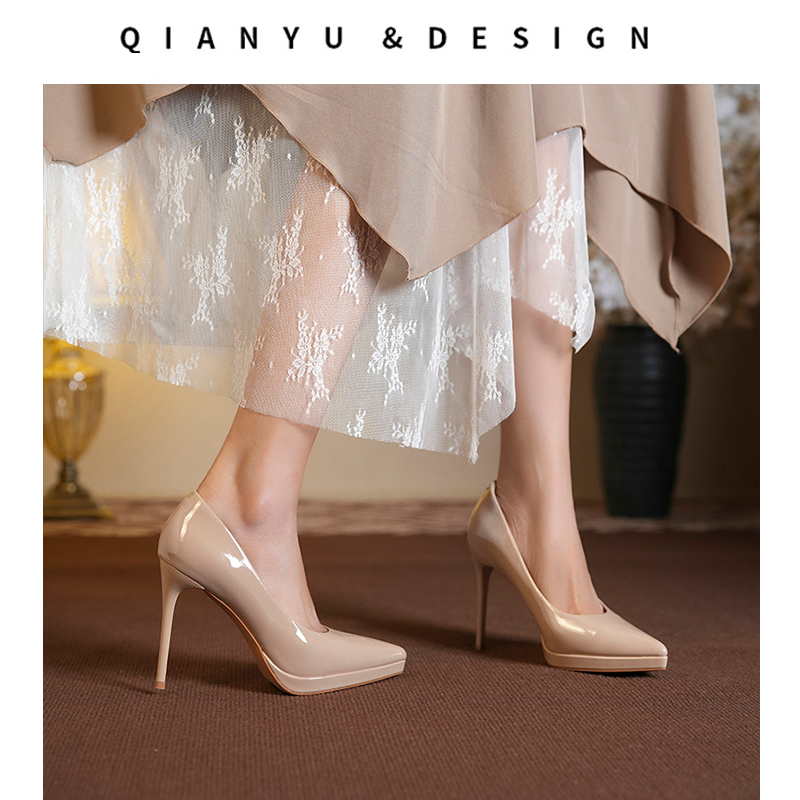 法式绝美单鞋尖头防水细跟高跟鞋杏色高跟鞋白色伴娘时髦小姨风