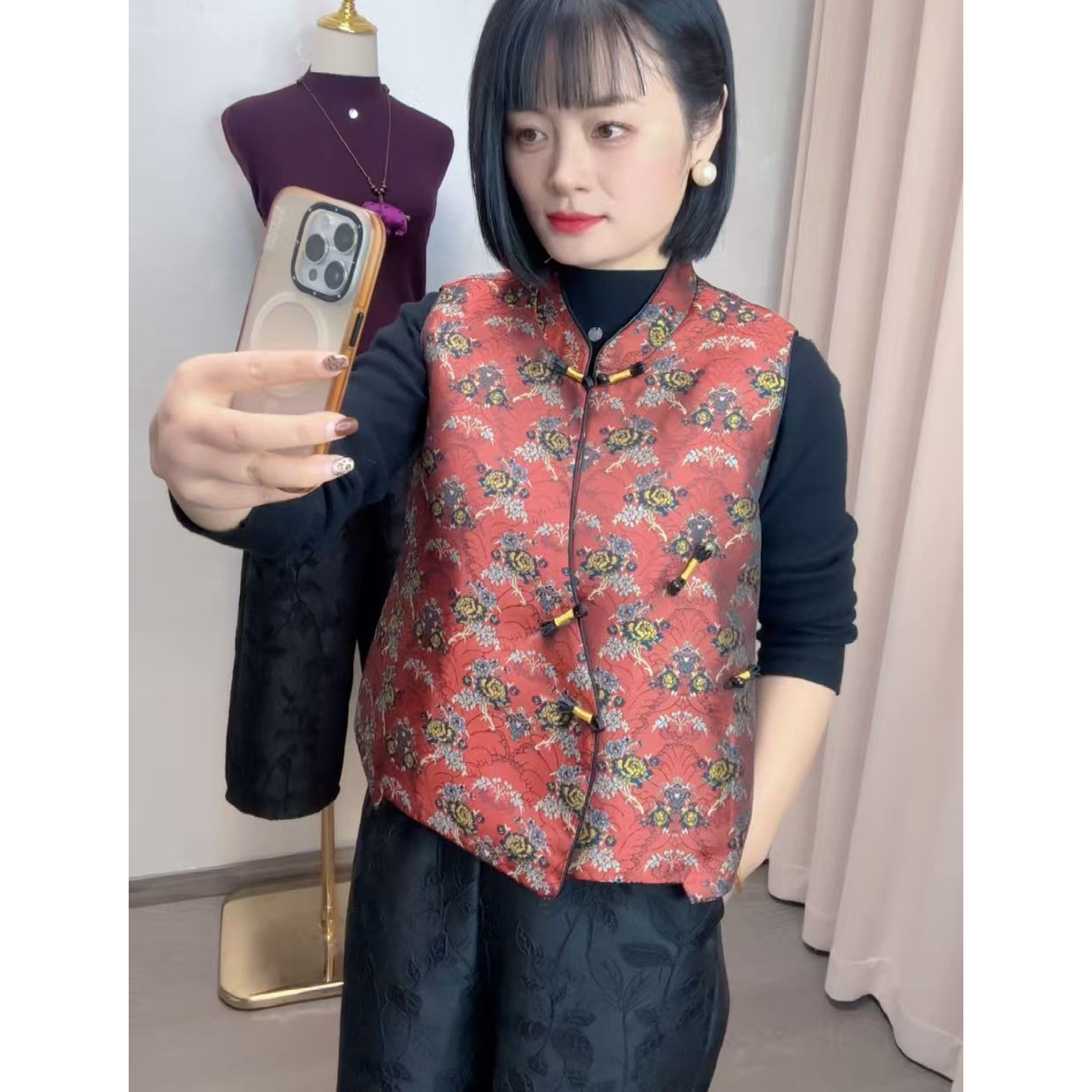 新款加棉复古国风厚款提花棉衣马甲