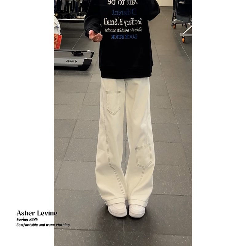 复古多口袋拼接解构弯刀牛仔裤男女同款潮流百搭水洗直筒阔腿裤子