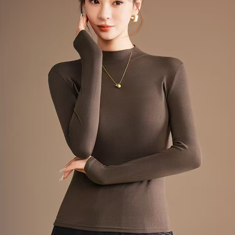 咖色时尚百搭洋气长袖舒适女士薄款打底衫修身弹力春秋款