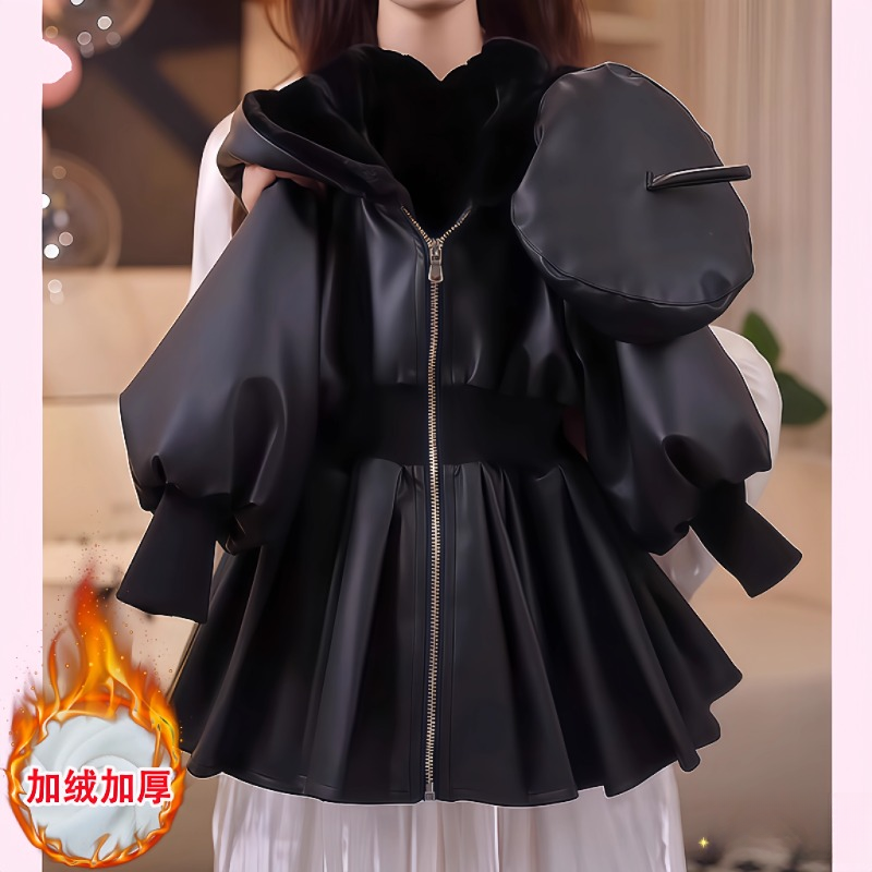 女童加绒软皮外套冬装2025新款加厚一体绒连帽PU中长款皮衣洋气潮