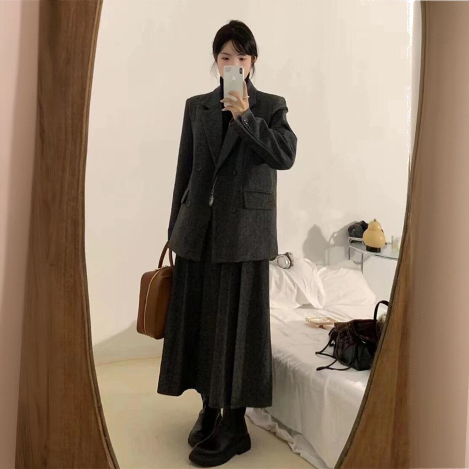 韩系复古毛呢套装女冬季时尚简约双排扣西装呢子外套半身裙两件套