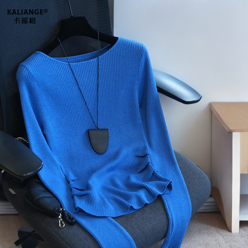 卡莲格/克莱因蓝色长袖针织衫女秋季气质掐腰设计感修身显瘦上衣
