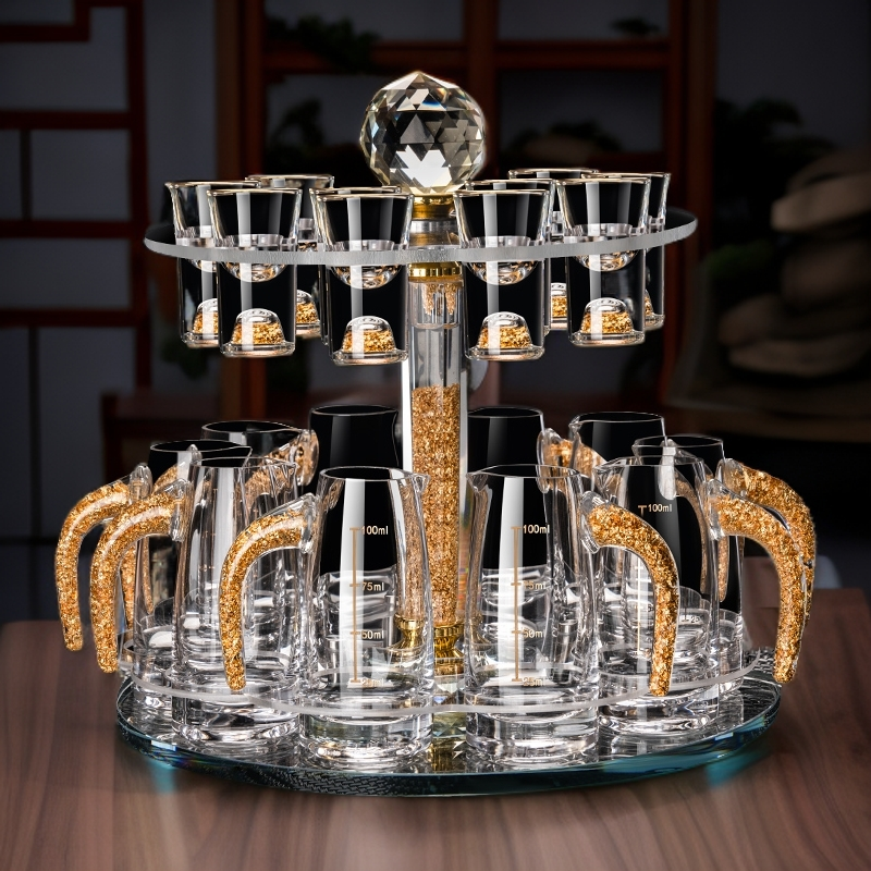 爆款白酒杯金箔套装家用待客分酒器无铅水晶玻璃酒具套件子弹杯