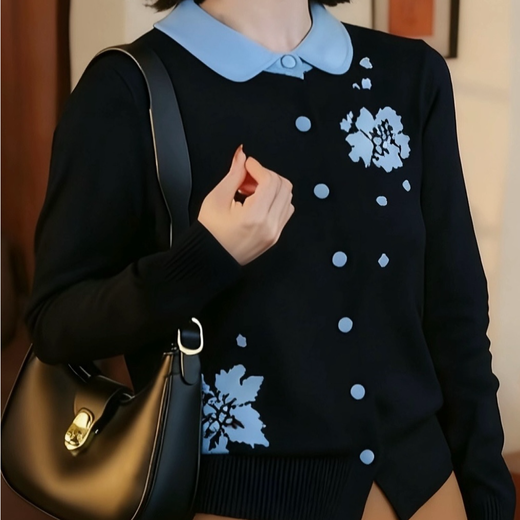 韩版撞色翻领花朵针织开衫女2025秋冬新款设计感气质减龄毛衣上衣