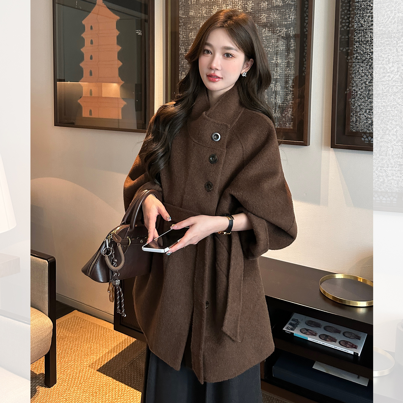 棕色双面绒呢子大衣女短款2025冬季韩系高级感立领小个子毛呢外套