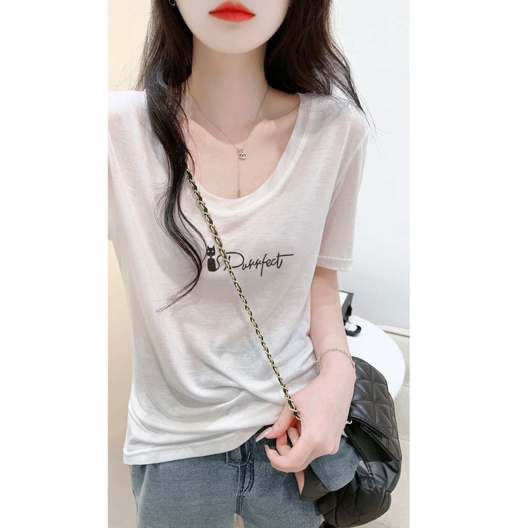 欧货低圆领轻薄莱赛尔天丝短袖面膜T恤女夏新款休闲印花百搭上衣