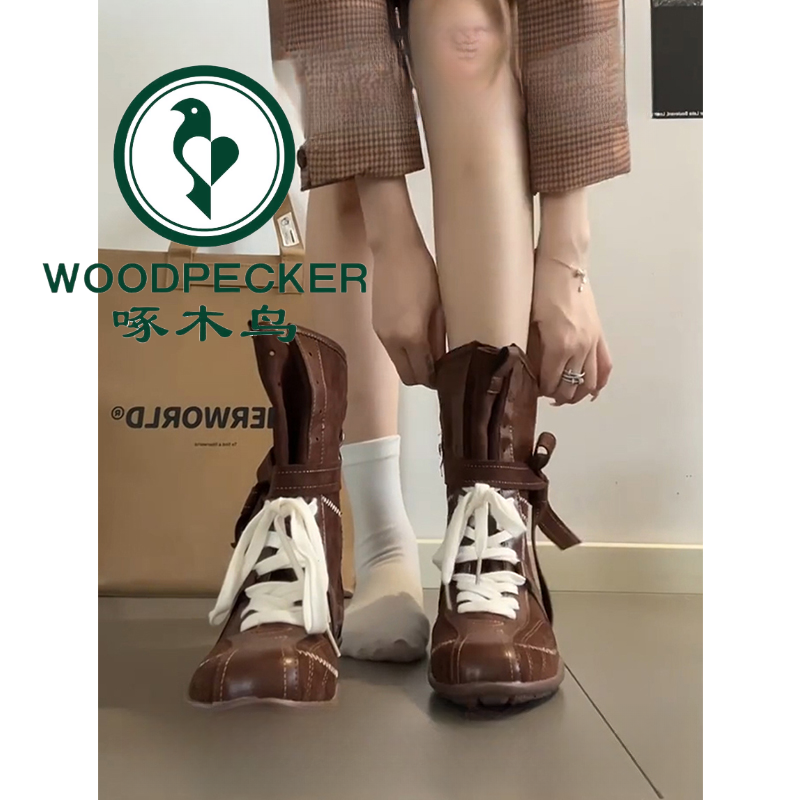 啄木鸟复古拳击靴女秋新款英伦风内增高马丁靴厚底德训鞋中筒短靴
