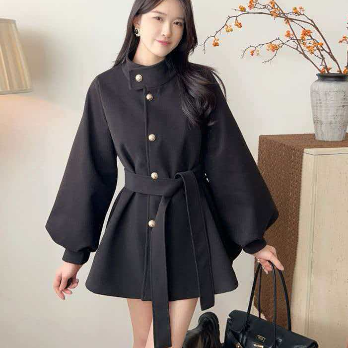 （星空呢）秋冬韩系立领短款毛呢外套女小个子显瘦收腰气质呢子大衣