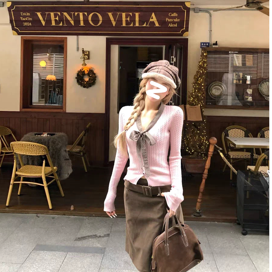 【甜粉情书】粉色小香风蝴蝶结针织毛衣秋冬修身显瘦内搭打底上衣女