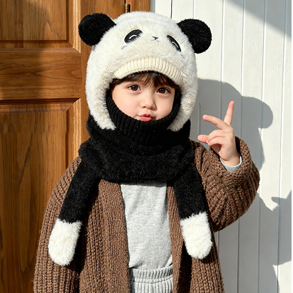 熊猫帽子儿童围脖口罩一体秋冬季宝宝毛绒帽女童护耳保暖男童护脸