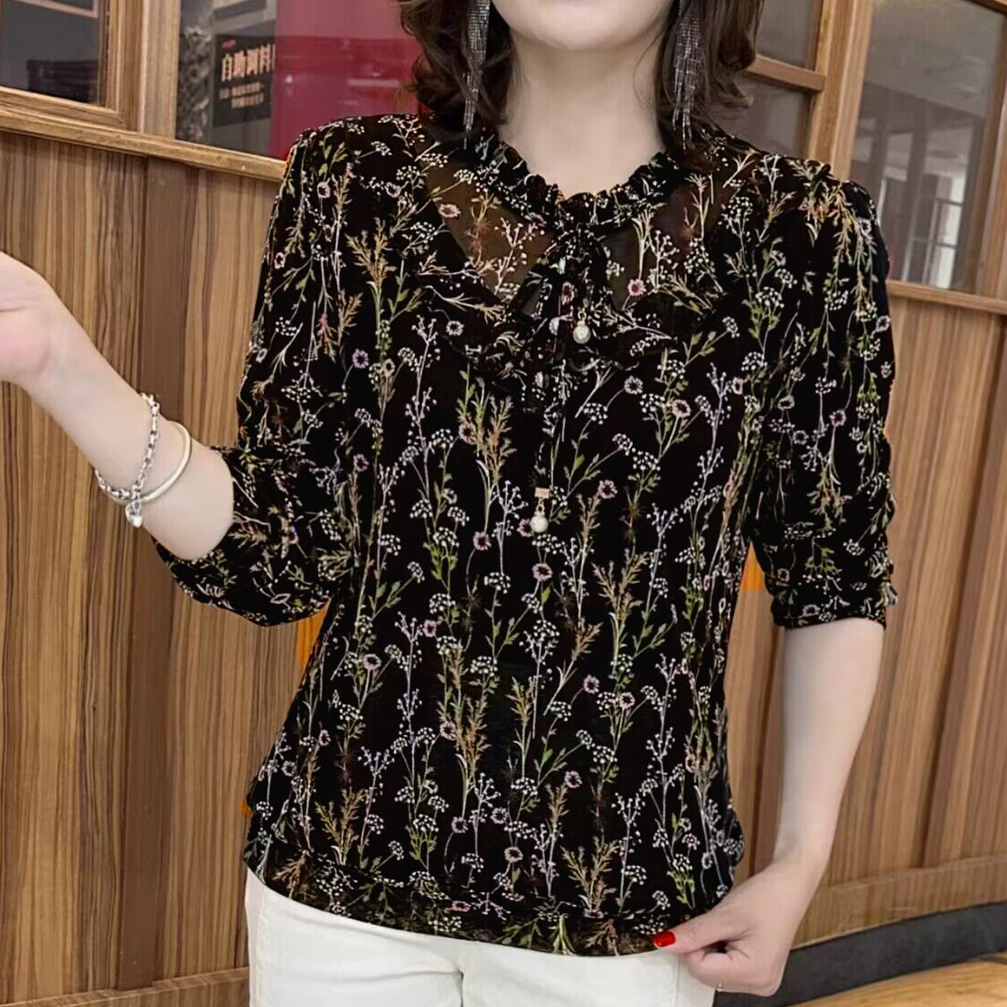 秋冬季薄款碎花网纱打底衫长袖大码显瘦遮肚洋气减龄T恤加绒小衫