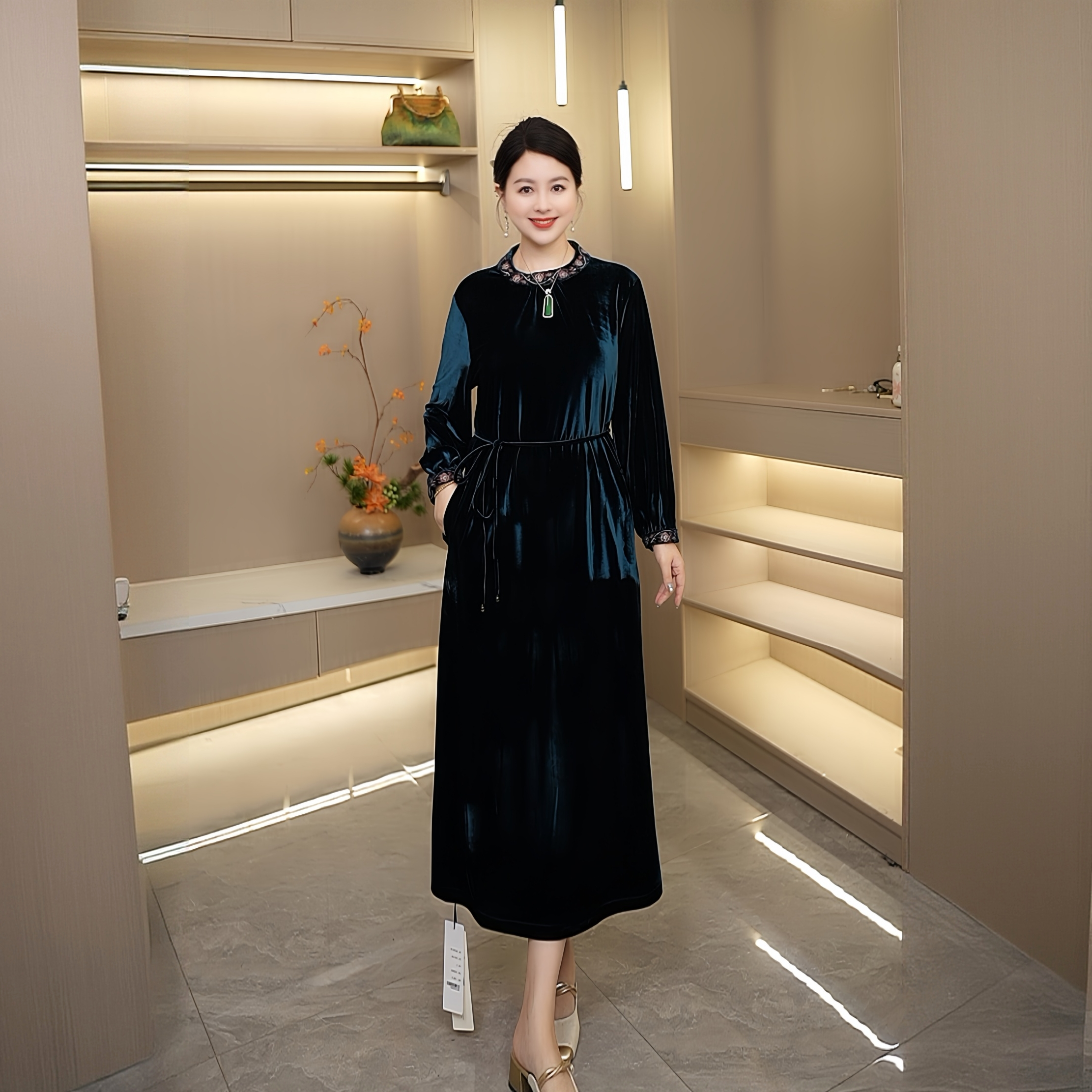 丝绒裙春秋冬款新中式新款百搭不褪色连衣裙女中长款休闲女旗袍裙