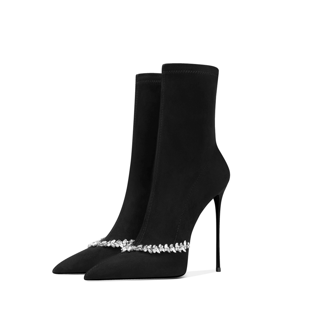 羊猄绒面黑色高跟鞋女2025秋冬新款尖头细跟时尚瘦瘦堆堆靴中筒靴