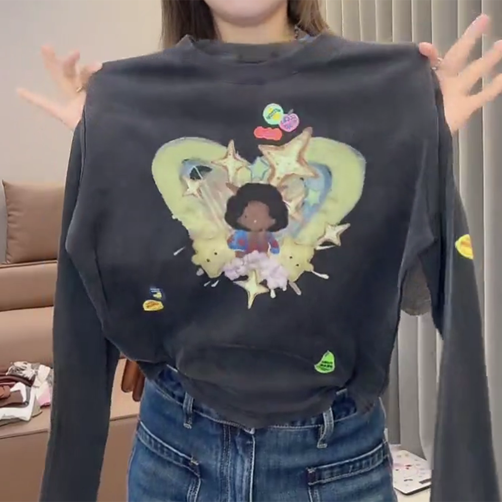 【爆炸头女孩】小众设计爆炸头女孩印花烫钻长袖T恤女C6201