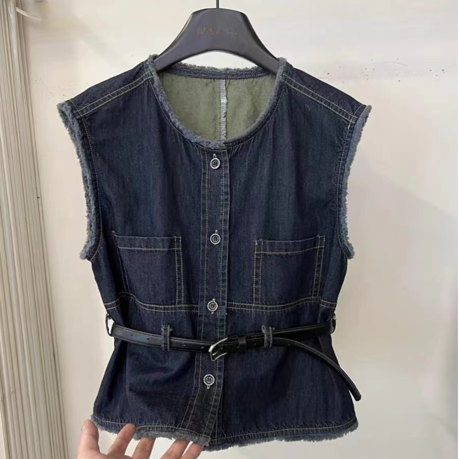 【福利品】复古毛边皮带收腰无袖牛仔背心夏季时尚牛仔牛仔上衣马甲