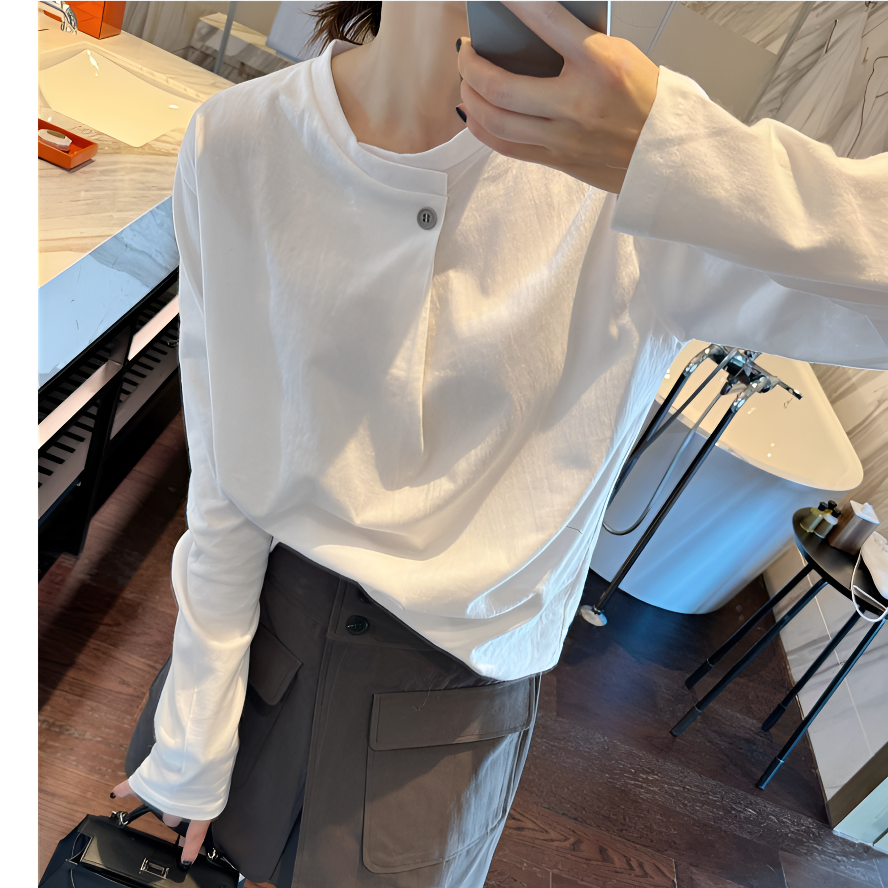 欧货春秋冬内搭外穿必买 一颗扣设计纯色白色长袖加绒白t恤打底衫