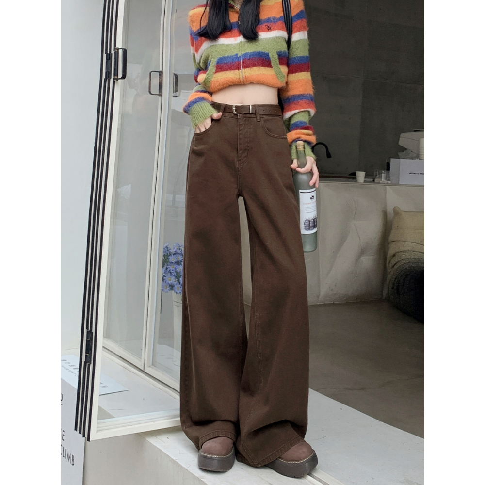 美式美拉德棕咖色设计感直筒裤女2025新款宽松复古百搭阔腿牛仔裤