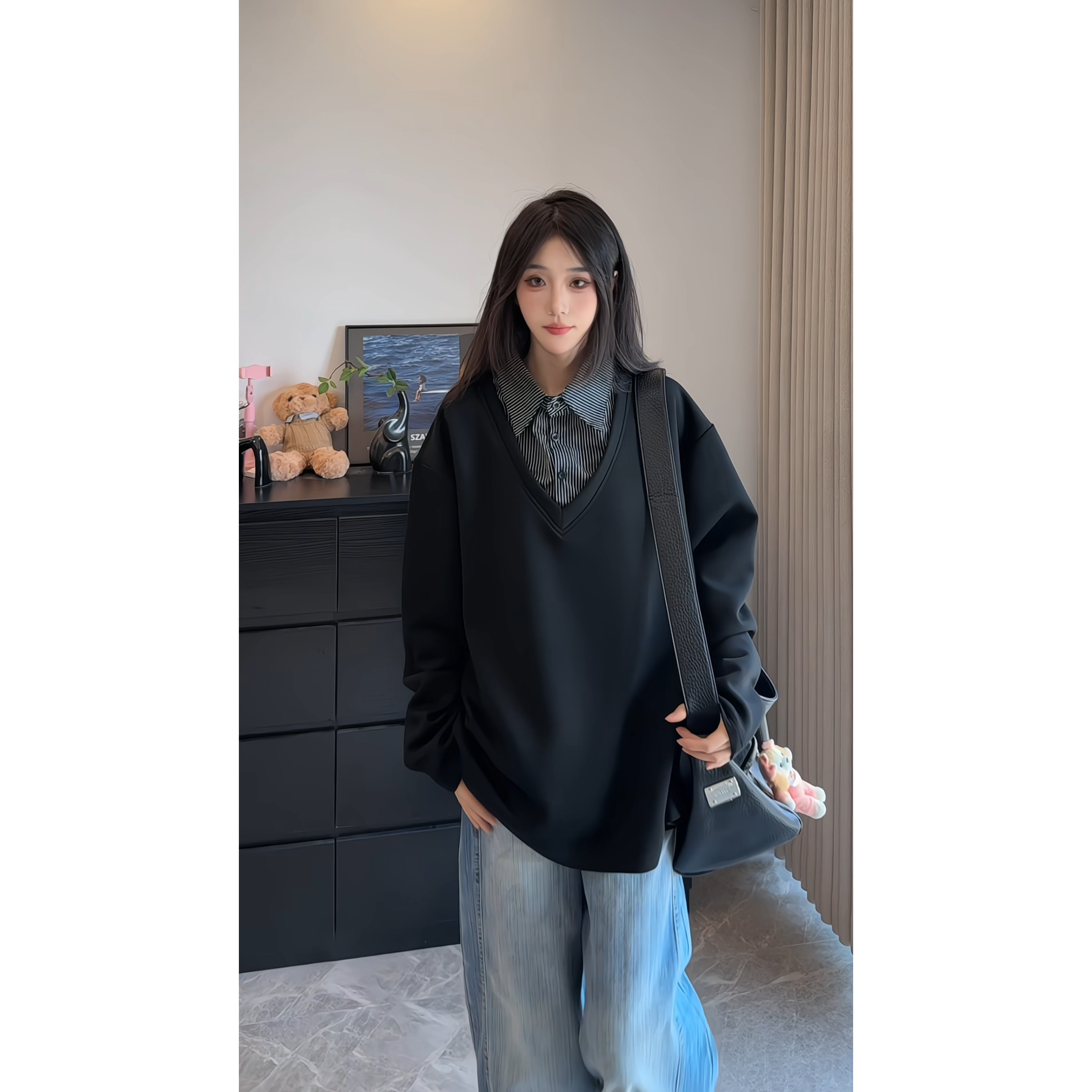 潮牌拼接衬衫领Polo衫男女春秋美式复古长袖T恤百搭宽松休闲卫衣