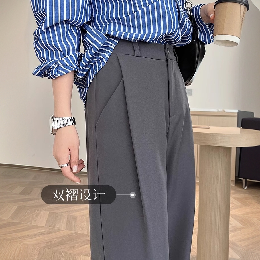 立体剪裁灰色西装裤女2025秋季新款梨型身材高腰垂感阔腿休闲裤子