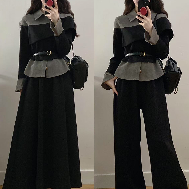 大码女装胖mm新款牛仔拼接假两件上衣+裙子裤子两件套显瘦气质