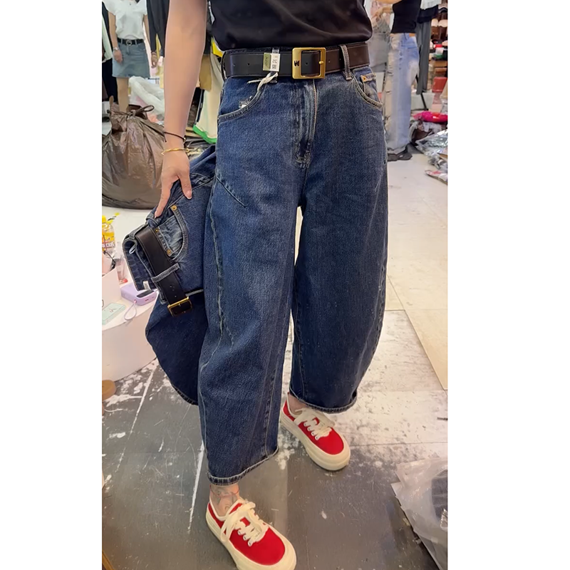 高腰直筒牛仔裤女2025秋季新款大码宽松显瘦百搭九分弯刀阔腿裤子