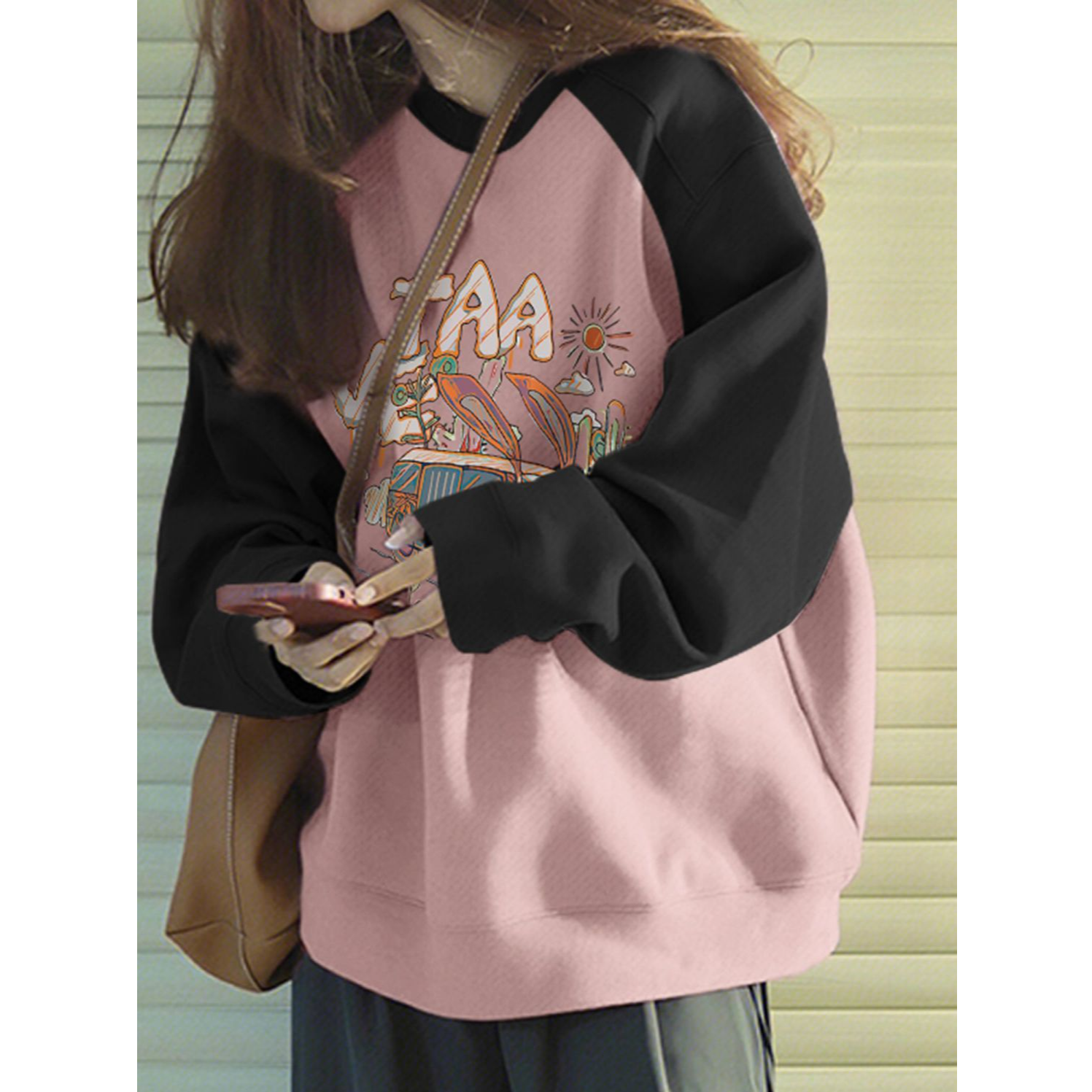 大码300斤美式休闲撞色插肩袖卫衣男女设计感春秋宽松圆领上衣t恤