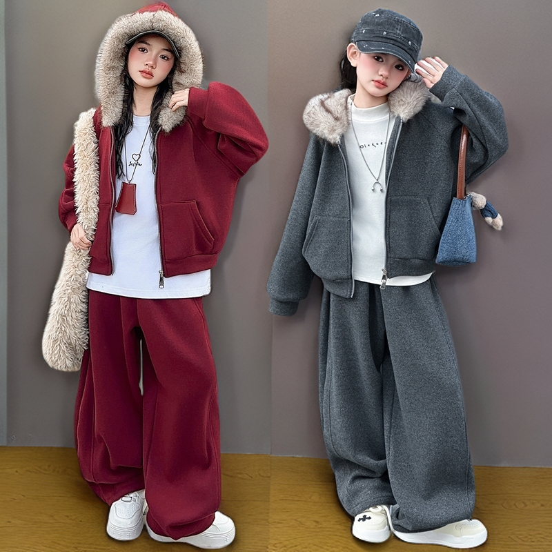 女童红色卫衣套装加绒加厚秋冬2025新款儿童冬装洋气大童新年衣服