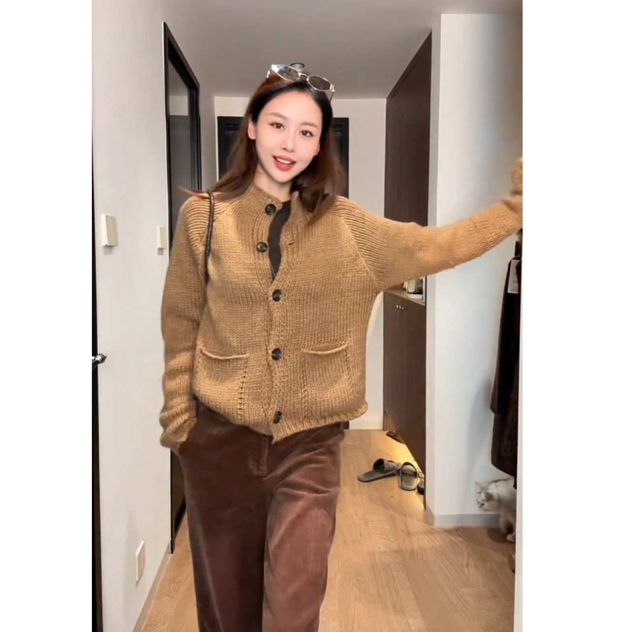 秋季韩系氛围感穿搭一整套女巨好看慵懒松弛感毛衣开衫直筒裤套装