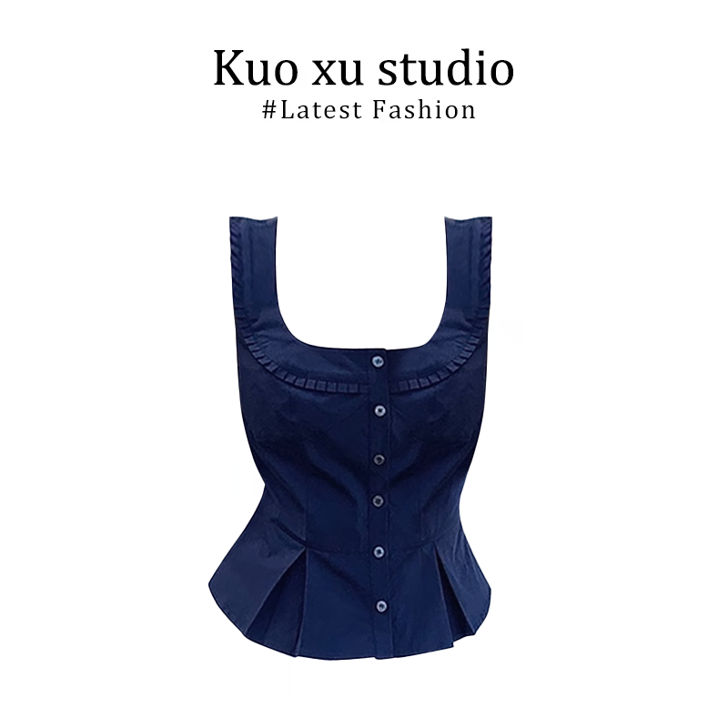 2025新款女士夏季收腰吊带无袖衬衫修身方领木耳边上衣高腰半身裙