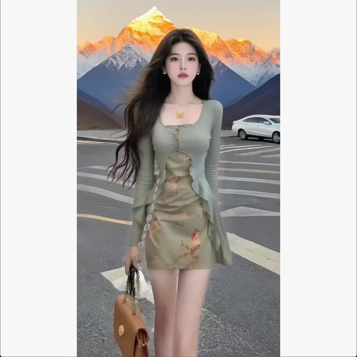 时尚名媛少女感纯欲风百搭U领系扣长袖小衫+修身设计感连衣裙