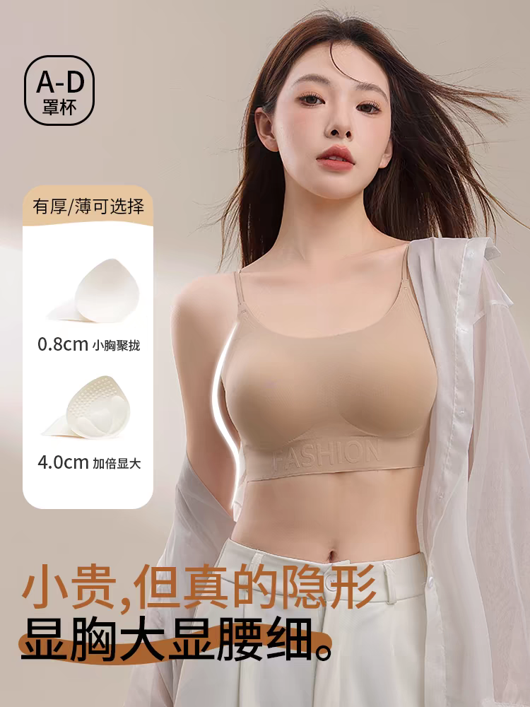 无痕文胸粉底液内衣女透气裹胸隐形胸罩无钢圈细肩带美背文胸